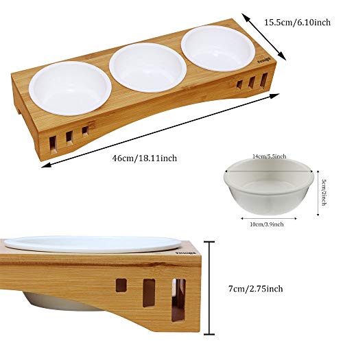 Petsoigné Cuenco para Gatos Perros Elevado Plato Gato Perro en Cerámica/Acero Inoxidable con Soporte de Bambú (3 Cuencos, Cerámica)