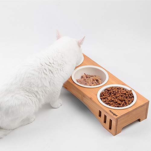 Petsoigné Cuenco para Gatos Perros Elevado Plato Gato Perro en Cerámica/Acero Inoxidable con Soporte de Bambú (3 Cuencos, Cerámica)