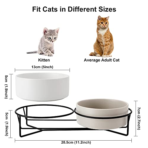 PETTOM Cuenco Cerámico del Gato,Tazón para Mascotas Antideslizantes Plato Doble Comedero Gatos Perros con Soporte Elevado para Alimentos y Agua (Gris+Blanco)