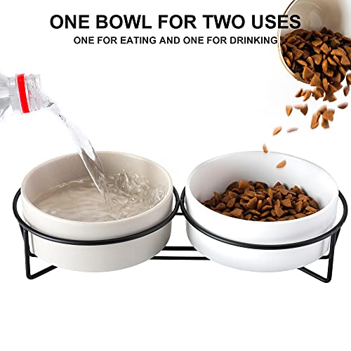 PETTOM Cuenco Cerámico del Gato,Tazón para Mascotas Antideslizantes Plato Doble Comedero Gatos Perros con Soporte Elevado para Alimentos y Agua (Gris+Blanco)
