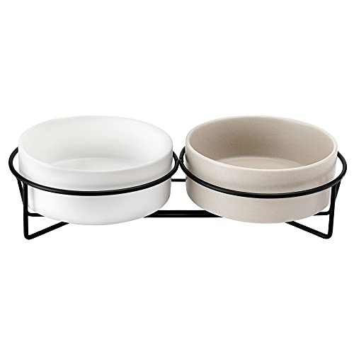 PETTOM Cuenco Cerámico del Gato,Tazón para Mascotas Antideslizantes Plato Doble Comedero Gatos Perros con Soporte Elevado para Alimentos y Agua (Gris+Blanco)