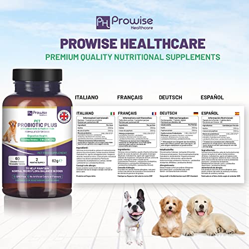PH PROWISE Healthcare Pet Probiotic Plus con inulina añadida y cáscara de psyllium 2000 Millones de UFC con 5 cepas activas I 60 Comprimidos masticables con Sabor a Pollo Suministro para 2 Meses