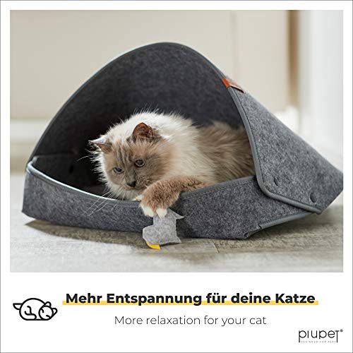 PiuPet® Cama para Gato con cojín - Cesta para Gatos Color Gris (45 x 43 x 3 cm (con Techo), Gris)