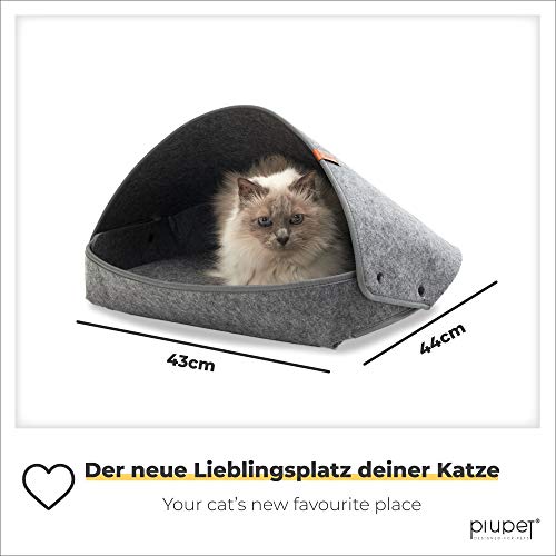 PiuPet® Cama para Gato con cojín - Cesta para Gatos Color Gris (45 x 43 x 3 cm (con Techo), Gris)