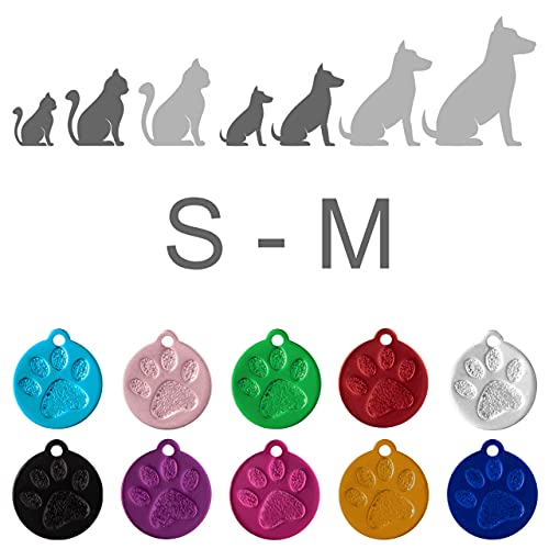 Placa Redonda con Huella para Mascotas pequeñas-Medianas Chapa Medalla de identificación Personalizada para Collar Perro Gato Mascota grabada (Negro)
