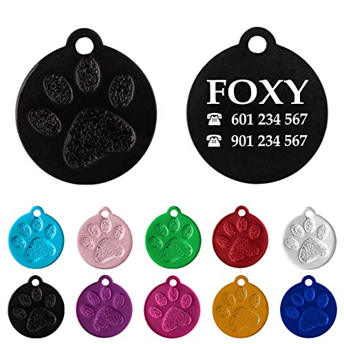 Placa Redonda con Huella para Mascotas pequeñas-Medianas Chapa Medalla de identificación Personalizada para Collar Perro Gato Mascota grabada (Negro)