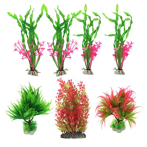 Plantas acuáticas artificiales, PietyPet 7 piezas Plantas grandes de acuario Decoraciones plásticas del tanque de peces, Planta de simulación viva Criatura Acuario Paisaje Rojo y Verde