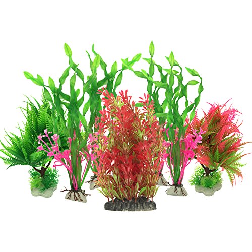 Plantas acuáticas artificiales, PietyPet 7 piezas Plantas grandes de acuario Decoraciones plásticas del tanque de peces, Planta de simulación viva Criatura Acuario Paisaje Rojo y Verde