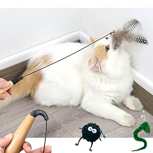 Pluma de Juguete para Gatos, Divertido Palo de Gato, Juguete Pluma de Gato Interactivo, Juguetes para Gatos, 1 Palo de Resorte y 5 Cabezas de Repuesto, Adecuado para interacción y Juegos con Gatitos