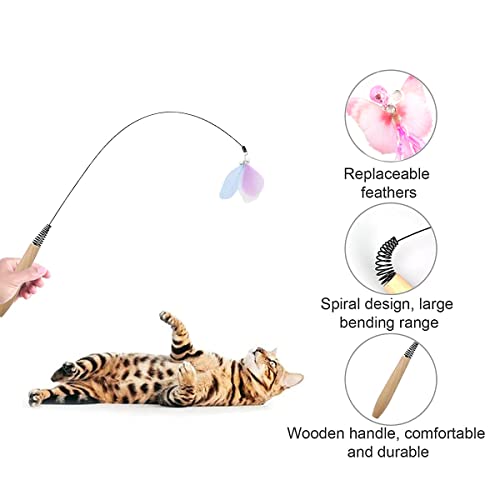 Pluma de Juguete para Gatos, Divertido Palo de Gato, Juguete Pluma de Gato Interactivo, Juguetes para Gatos, 1 Palo de Resorte y 5 Cabezas de Repuesto, Adecuado para interacción y Juegos con Gatitos