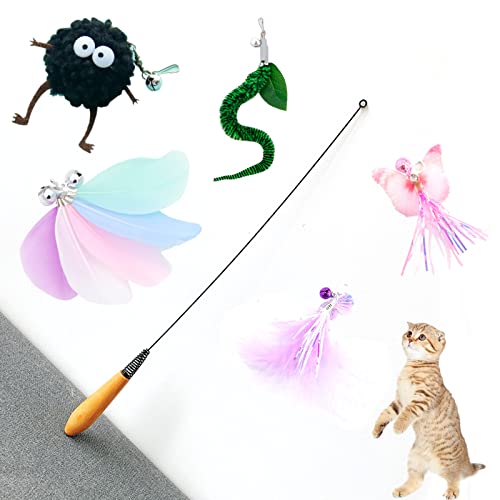 Pluma de Juguete para Gatos, Divertido Palo de Gato, Juguete Pluma de Gato Interactivo, Juguetes para Gatos, 1 Palo de Resorte y 5 Cabezas de Repuesto, Adecuado para interacción y Juegos con Gatitos