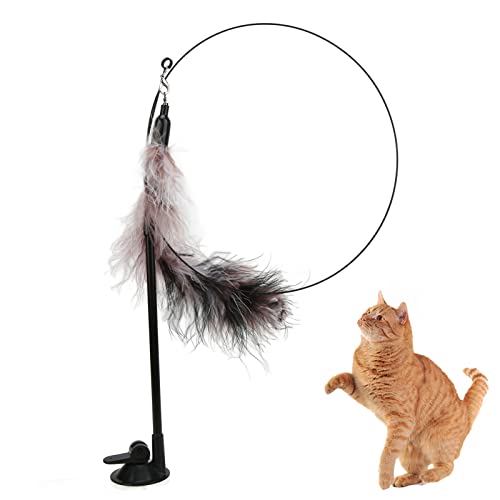 Plumas de Juguete Interactivas para Gatos, Varita de Plumas de Gato Interactiva de Mano, Ventosa Extraíble, Juguete para Gatos Y Pájaros para Gatos de Interior, Caña de Pescar para(Camiseta negra)