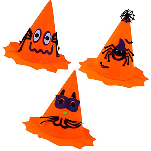 POPETPOP 3 Piezas Disfraz de Halloween para Mascotas Gato Cosplay Mago Bruja Sombreros con Araña Accesorios de Disfraz de Mago de Halloween para Perros Gato (Naranja)