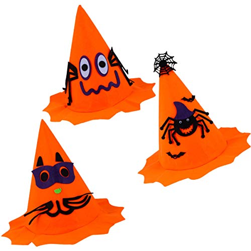 POPETPOP 3 Piezas Disfraz de Halloween para Mascotas Gato Cosplay Mago Bruja Sombreros con Araña Accesorios de Disfraz de Mago de Halloween para Perros Gato (Naranja)