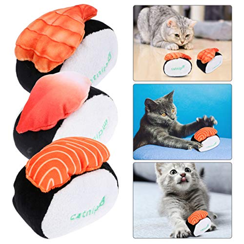 POPETPOP 6Pcs Juguetes de Hierba Gatera para Gatos Sushi Peces Juguetes para Gatos de Peluche Muñeca de Juguete para Mascotas Interactiva Almohada para Masticar Patada para Morder