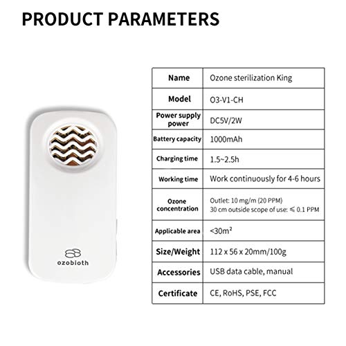 Portátil O3 Generador Ozone Generator Purificar el Aire para Eliminación de Olores, Limpiador Esterilizador para Habitaciones, Mascotas, Automóvil