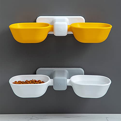 Práctico cuenco de gatos para mascotas, tazón de fuente de agua para alimentos sin perforación, altura ajustable, alimentador automático montado en la pared, tazón doble para perros
