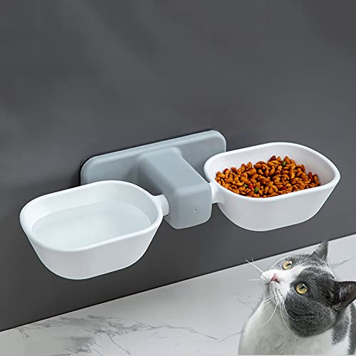 Práctico cuenco de gatos para mascotas, tazón de fuente de agua para alimentos sin perforación, altura ajustable, alimentador automático montado en la pared, tazón doble para perros