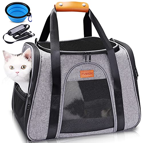 PUEIKAI Transportín para Gato, Bolsa de Transporte para Gatos y Perros Pequeños, Transportín Perro Plegable Aprobado por la Aerolínea, Transporte de Gato con Correa del Hombro, Cojín Suave y Tazón