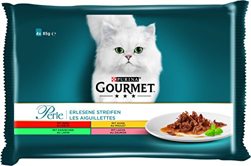 PURINA Gourmet Comida húmeda para Gatos en Tiras de Perle, variedades, Paquete de 12 Unidades (12 x 4 Bolsas de 85 g)