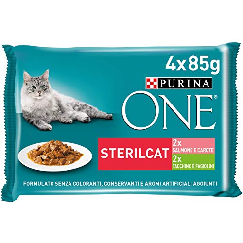 Purina One filettini (Salsa para El Gato sterilizzato, con salmón y Zanahoria, con Pavo y judías, 4 x 85 g – Paquete de 12 Unidades)