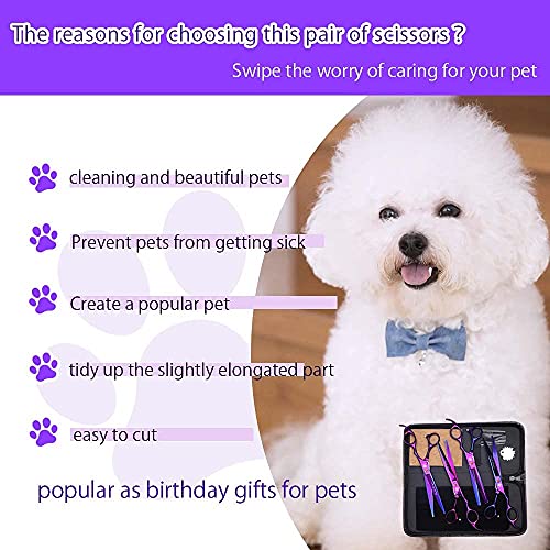 Purple Dragon Juego de tijeras profesionales de 7 pulgadas 4 piezas para aseo de mascotas Japón Premium acero recto y curvado y adelgazamiento hoja de corte de pelo de perro con funda (púrpura)