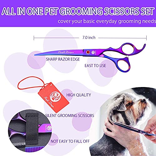 Purple Dragon Juego de tijeras profesionales de 7 pulgadas 4 piezas para aseo de mascotas Japón Premium acero recto y curvado y adelgazamiento hoja de corte de pelo de perro con funda (púrpura)