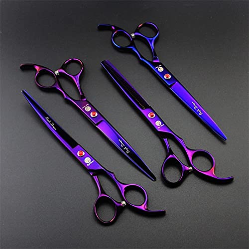 Purple Dragon Juego de tijeras profesionales de 7 pulgadas 4 piezas para aseo de mascotas Japón Premium acero recto y curvado y adelgazamiento hoja de corte de pelo de perro con funda (púrpura)