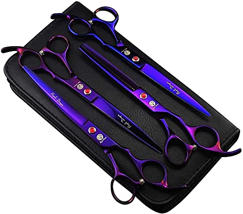 Purple Dragon Juego de tijeras profesionales de 7 pulgadas 4 piezas para aseo de mascotas Japón Premium acero recto y curvado y adelgazamiento hoja de corte de pelo de perro con funda (púrpura)