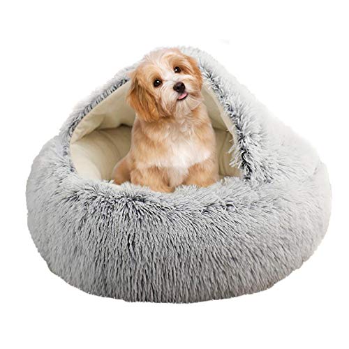 Queta Cama para Gatos y Prrros Cesta Cálida Semicerrada para Mascotas, Sofá de Peluche Suave para Cachorros Casa Nido Cómoda Antideslizante para Mascota Pequeña Mediana, 50 * 50cm (Gris)