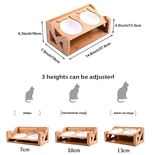Queta Doble Capa Cuenco para Gatos Perros Mascotas para Alimentos y Agua Comedero y Bebedero de Gatos Perros Mascotas Plato tazón de Gatos Perros Mascotas de Madera y Cerámica, Altura Ajustable