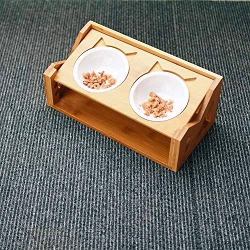 Queta Doble Capa Cuenco para Gatos Perros Mascotas para Alimentos y Agua Comedero y Bebedero de Gatos Perros Mascotas Plato tazón de Gatos Perros Mascotas de Madera y Cerámica, Altura Ajustable