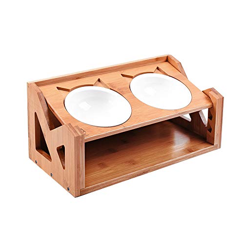 Queta Doble Capa Cuenco para Gatos Perros Mascotas para Alimentos y Agua Comedero y Bebedero de Gatos Perros Mascotas Plato tazón de Gatos Perros Mascotas de Madera y Cerámica, Altura Ajustable