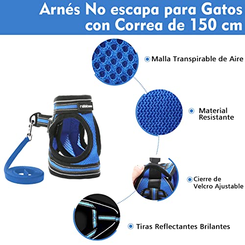 rabbitgoo Arnes Gatos y Correa 150cm Chaleco Ajustable Antitirones Reflectante Cómodo Correa Mágica para Fácil de Poner y Quitar para Paseo Diario Arnes para Perro Pequeño Conejos Gatos S Azul