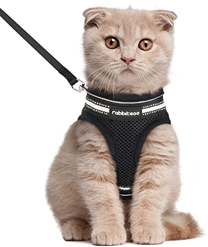 rabbitgoo Arnes Gatos y Correa 150cm Chaleco Ajustable Antitirones Reflectante Cómodo Correa Mágica para Fácil de Poner y Quitar para Paseo Diario Arnes para Perro Pequeño Conejos Gatos L Negro