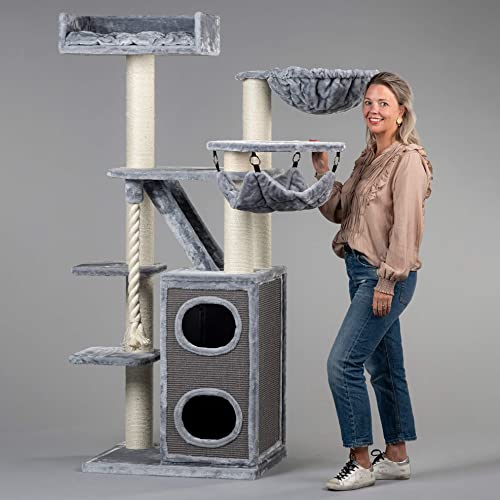 Rascador grande para gatos XXL Cat Penthouse Crown gris claro, árbol rascador para gatos grandes para Maine Coon, árbol para gatos pesados, trepar y rascar muebles gruesos