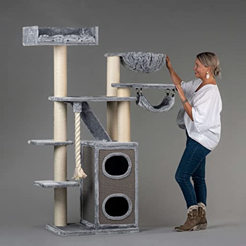 Rascador grande para gatos XXL Cat Penthouse Crown gris claro, árbol rascador para gatos grandes para Maine Coon, árbol para gatos pesados, trepar y rascar muebles gruesos