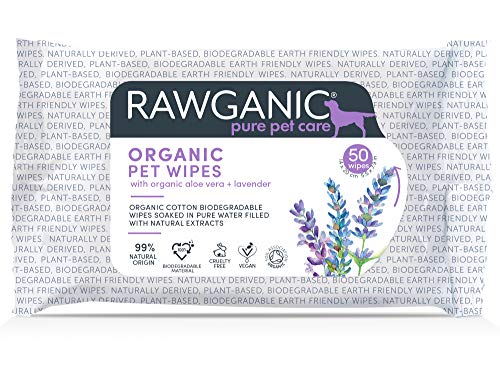 Rawganic Organic Pet Wipes | Toallitas para Perros, Gatos y pequeños Animales, biodegradables, con Aloe Vera y Lavanda (Paquete de 50 toallitas)