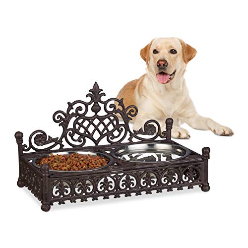 Relaxdays Comedero Perro o Gato Doble 1L, Acero Inoxidable, Marrón, 27 x 45 x 24,5 cm