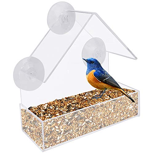 RMENOOR Comedero para Pájaros Acrílico Transparente Ventana de Casa de Pájaros sin Taladro con 3 Ventosas Alimentador De Aves Abierto por 3 Lados Comederos para Aves para Colgar en Forma de Casa