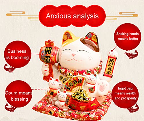 SaiDa Gato Que agita,Maneki Neko,Lucky Cat de cerámica,Lucky Fortune Cat con Brazo agitador operado,11 Pulgadas Agitando Fortune Gatos de Bienvenida,para Accesorios Decorativos de Oficina en casa