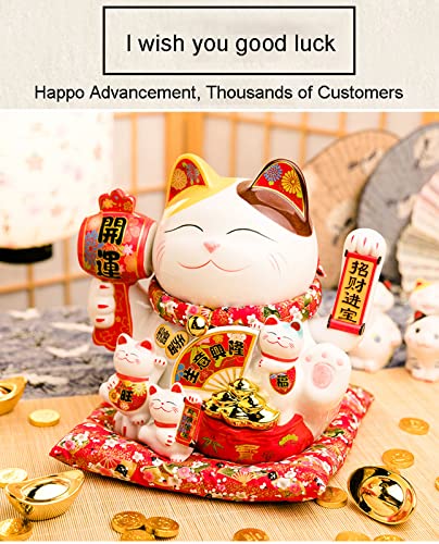 SaiDa Gato Que agita,Maneki Neko,Lucky Cat de cerámica,Lucky Fortune Cat con Brazo agitador operado,11 Pulgadas Agitando Fortune Gatos de Bienvenida,para Accesorios Decorativos de Oficina en casa