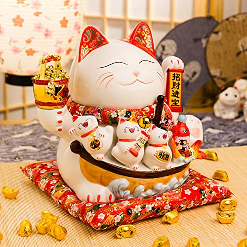 SaiDa Gato Que agita,Maneki Neko,Lucky Cat de cerámica,Lucky Fortune Cat con Brazo agitador operado,11 Pulgadas Agitando Fortune Gatos de Bienvenida,para Accesorios Decorativos de Oficina en casa