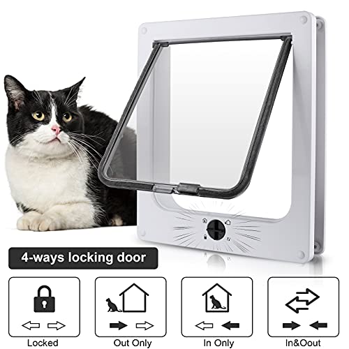 Sailnovo Puerta para Gato con Cierre Fácil de 4 vías, Puerta para Mascotas para Gatos y Perros Pequeños, Puerta para Gatos con Túnel L Blanco 17,5 cm x 19 cm x 5,5 cm
