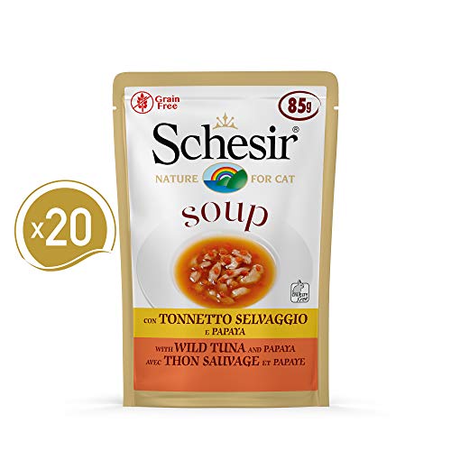 Schesir, Comida húmeda para Gatos Adultos, Sabor bacoreta Salvaje y Papaya en filetes en Salsa - totale 1,7 kg (20 Sobres x 85 gr)
