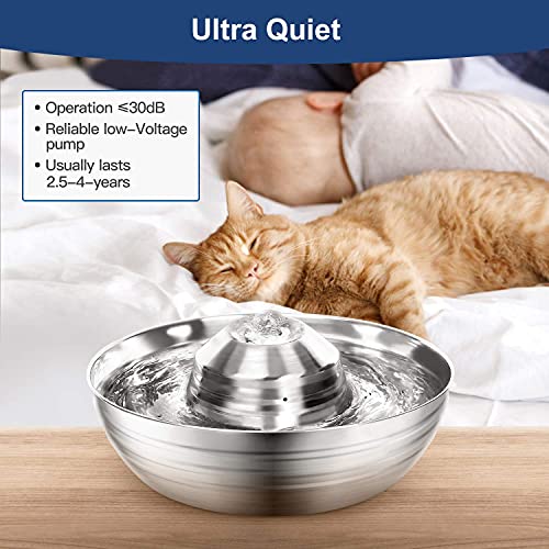 SEALON Fuente de agua para gatos, silenciosa, de acero inoxidable, 2 l, para perros o gatos, dispensador de agua para mascotas, incluye 3 filtros de repuesto, corriente por USB, suave columna de agua