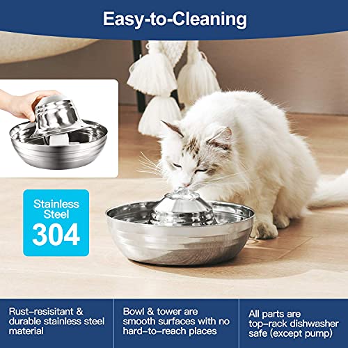 SEALON Fuente de agua para gatos, silenciosa, de acero inoxidable, 2 l, para perros o gatos, dispensador de agua para mascotas, incluye 3 filtros de repuesto, corriente por USB, suave columna de agua