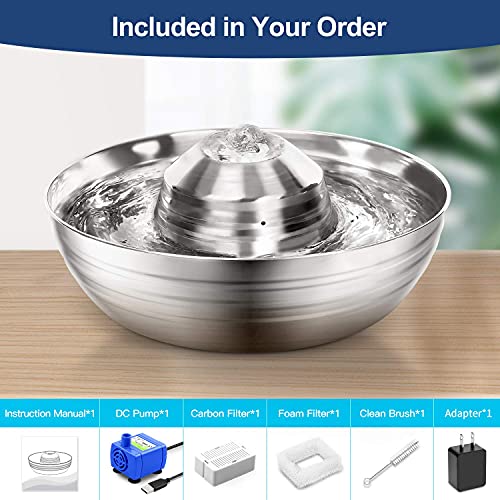 SEALON Fuente de agua para gatos, silenciosa, de acero inoxidable, 2 l, para perros o gatos, dispensador de agua para mascotas, incluye 3 filtros de repuesto, corriente por USB, suave columna de agua