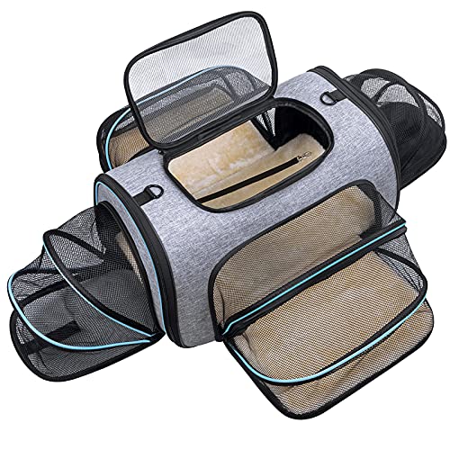Siivton Transportín Gato Perro, Bolsa de transportar mascotas, aprobado por aerolínea, suave cara con malla transpirable ampliable en cuatro lados apto para perro, gato