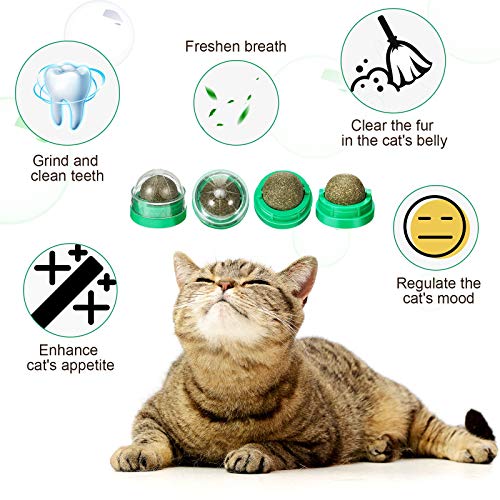 Skylety 4 Piezas Juguetes de Bola de Hierba Gatera para Gatos Bolas Giratorias para Lametón de Hierba Gatera Autoadhesivas Comestibles Juguetes de Nébeda Naturales para Gato Gatito Mastica (Verde)